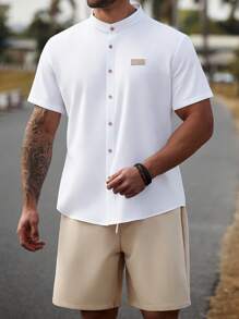 Manfinity Homme Plus Size Men's Single-Breasted Short Sleeve Shirt And Shorts Casual 2 Pieces Set - Multicolor - View 5