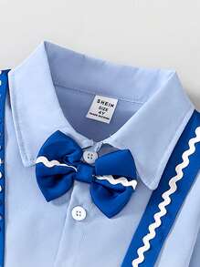 Young Boy Bow Tie Shirt & Bib Shorts 2Pcs Suit Set, Gentleman Style Outfit Suitable For Casual Gathering, Outdoor Picnic And More - Multicolor - View 7