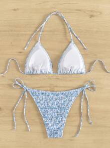 Swim Mod Springbreak Beach Ditsy Floral Bandeau Bikini Swimwear For Summer Beach Vacation - Blue and White - View 2