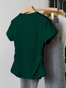 Sparklyn 青少年女孩休闲百搭字母印花短袖 T 恤 - 墨綠色 - 查看 2