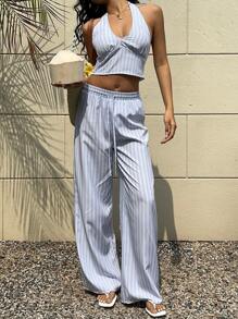 Sunnyshic Women's 2pcs/Set Women Vacation Casual Striped Halter Top And Long Pants. Spring/Summer