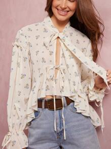 WESTFADE Floral Printed Scarf Tie Ruffle Peplum Long Sleeve Crop Top - White - View 2