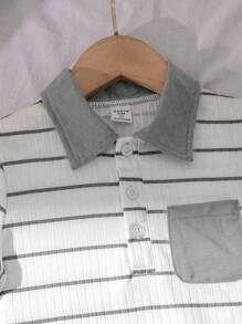 SHEIN 2pcs/Set Young Boy Textured Stripe Polo Collar Outfit - T-Shirt And Pants, Summer