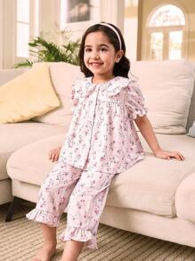 SHEIN Leap Crew Young Girls Floral Pattern Ruffle Collar Puff Sleeve Buttoned Top And Pajama Pants Cute Sweet Loungewear Set, 2 Pieces (2 Sets Sold Separately) - Multicolor - View 4