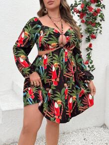 SHEIN LUNE Women's Plus Size Vacation Tropical Floral Print Cutout Lantern Sleeve Sexy Dress Fall Cloth For Women - Black - View 3