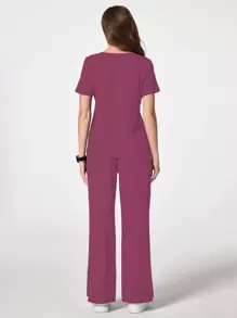 TaskEZ Solid Color V-Neck Short Sleeve Pocket Top And Pants Scrub Uniform Set - Purple - View 2