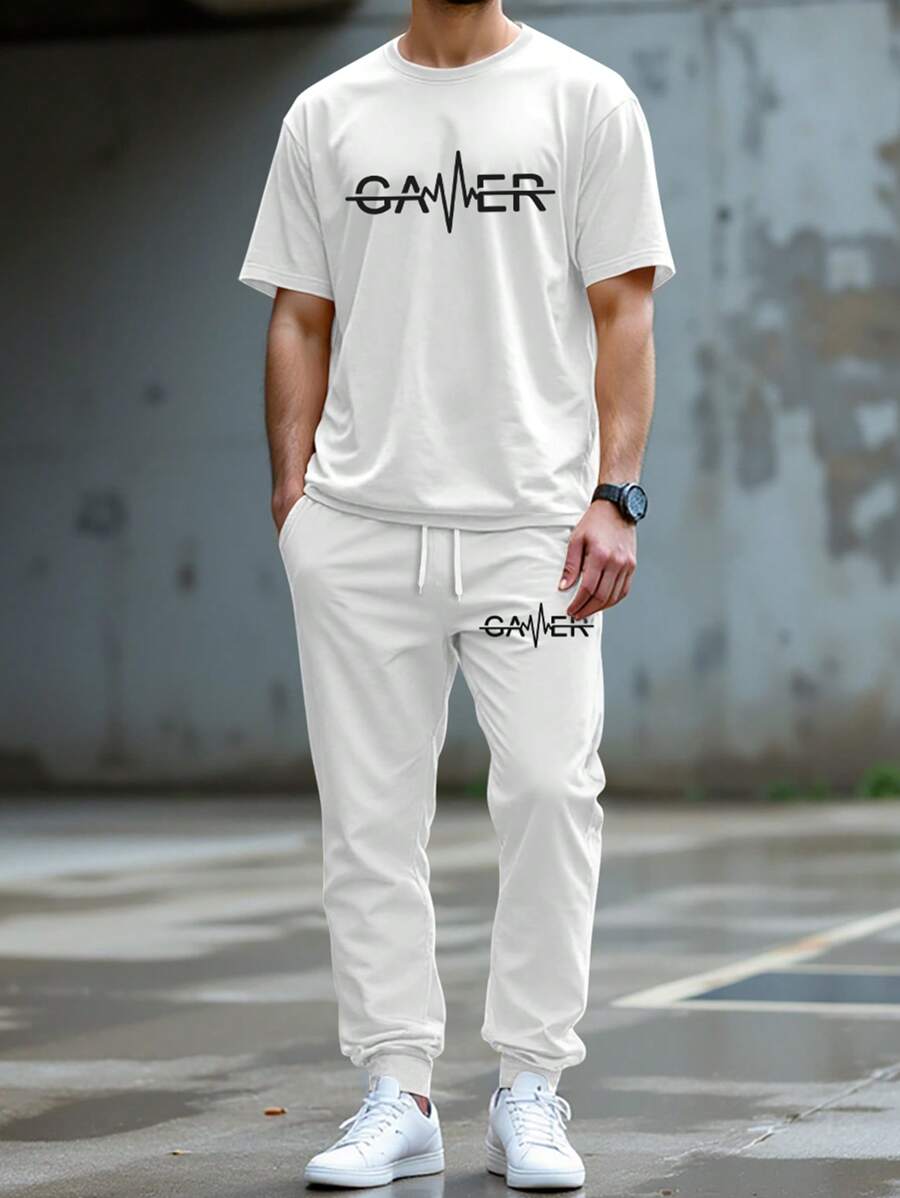 Manfinity Homme 男士字母印花圆领短袖 T 恤和抽绳腰裤休闲套装