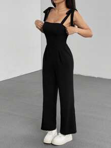 SHEIN PETITE Women's Black Spaghetti Strap Bowknot Jumpsuit, Straight Leg, Long Length, Fashion Minimalist Casual Commuter Daily Versatile, Suitable For Petite Women In Spring And Summer