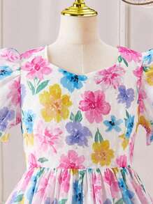 Meisjesjurken voor tieners Kleurrijke bloemen Dopamine print Polka Dot textuur Jacquard Chiffon korte mouw Mid-Lengte jurk, geschikt voor uitjes, vakanties, verjaardagen