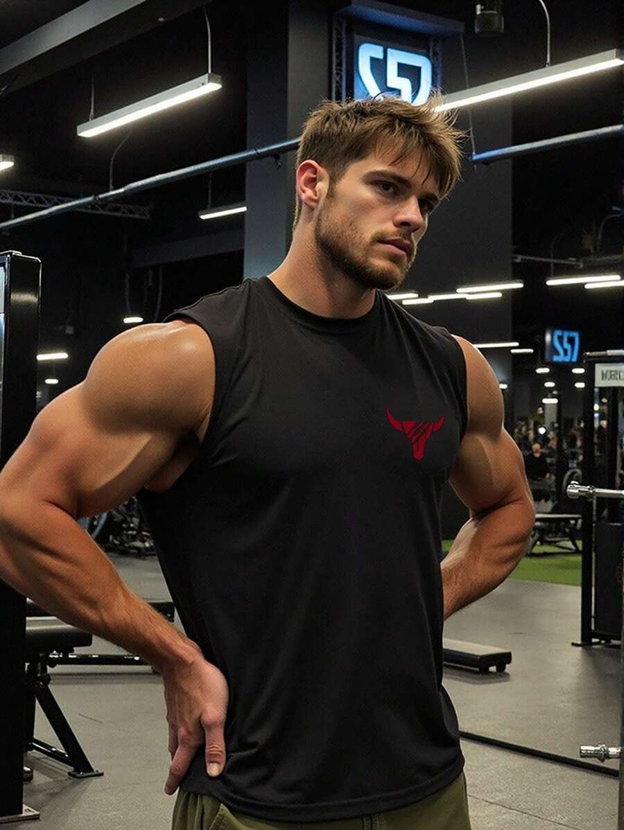 Manfinity Sport Corelite Áo ba lỗ thể thao cổ tròn in hình đầu bò cho nam - màu đen - Xem 1