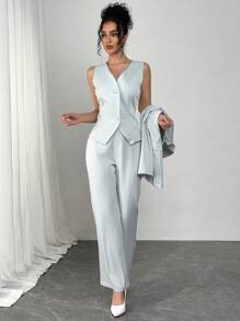 Modelyn 3 件套女士高端休闲条纹西装套装：阔腿裤、西装外套、浅蓝色衬衫 - 藍色 - 查看 7