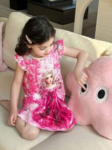 SHEIN 雪花公主印花女童睡裙舒适可爱风格无袖公主睡衣女童睡衣年轻女孩舒适家居服 - 玫紅色 - 查看 6