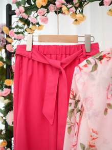 2 Pcs Tween Girls' Elegant Floral Chiffon Blouse Set - Hot Pink - View 4