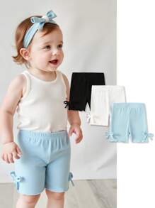 2pcs/Set Girls' Baby Striped Fabric Pants With Bow Decor, Spring/Summer - Multicolor - View 1