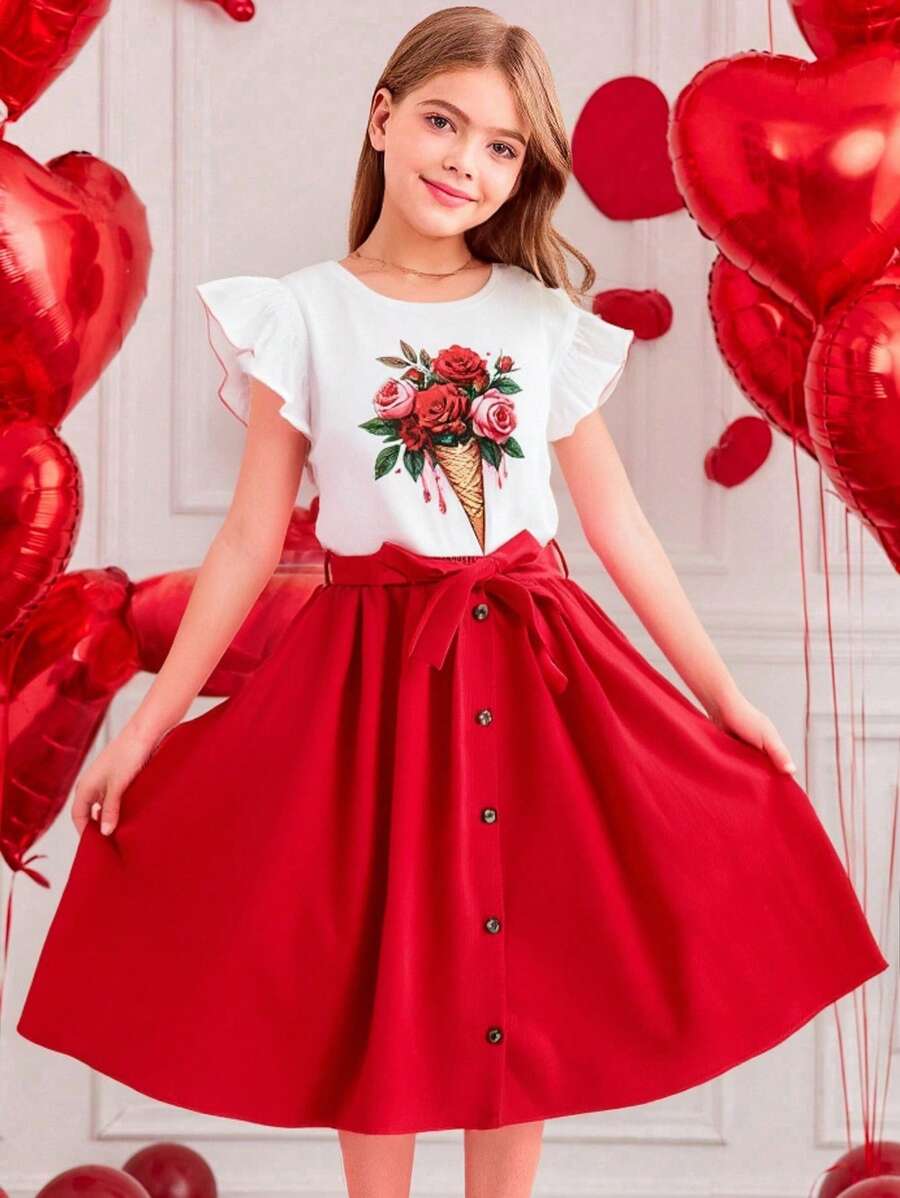 Tween Girls Floral Print Peplum Top With Front Button Decoration And Skirt 2 Pieces Set - Red - View 1