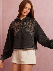 WESTFADE Western Spring Floral Embroidered Acid Washed French Terry Long Sleeve Kanga Pocket Drawstring Sweatshirt Hoodie Beach - Black - View 6