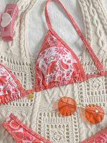 Swim Mod Springbreak 女士随机印花细肩带上衣和高开叉下装两件套比基尼套装，适合度假穿着，可爱泳衣 - 彩色 - 查看 3