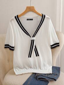 SHEIN LUNE Blusa de punto con mangas cortas y ribete de contraste, tallas grandes, primavera/verano - Blanco - Ver 1