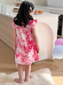 SHEIN 雪花公主印花女童睡裙舒适可爱风格无袖公主睡衣女童睡衣年轻女孩舒适家居服 - 玫紅色 - 查看 2