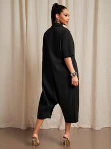 Vixey 纽扣式低裆四分袖连体裤，女士商务休闲装，女士办公室服装 - 黑色 - 查看 3