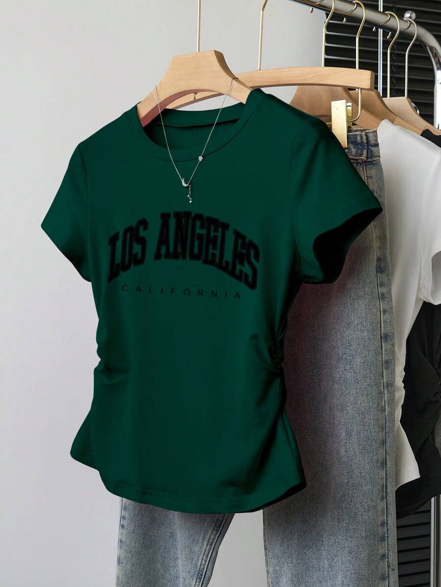 Sparklyn 青少年女孩休闲百搭字母印花短袖 T 恤 - 墨綠色 - 查看 1