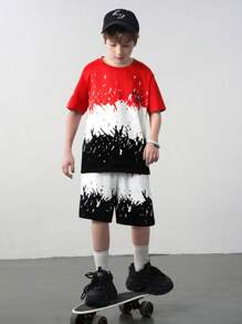 SHEIN Boys Letter Graphic Colourblock Tee And Shorts Set - Red - View 5