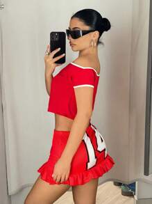 SHEIN ICON Minifalda roja con estampado numérico y volantes en el bajo, de talle bajo - Rojo - Ver 4