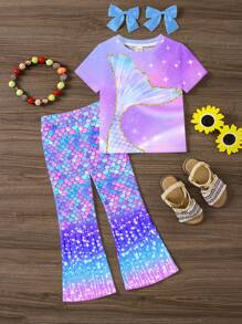 SHEIN Leap Crew Conjunto de 2 piezas de niña bebé con estampado de cola de sirena degradado en estilo de resort, con Top de manga corta y cuello redondo y pantalones largos, adecuado para primavera/verano - Multicolor - Ver 2