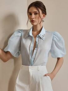 Anewsta Áo kiểu nữ thanh lịch hiện đại tay phồng ngắn tay đính đá, thích hợp cho các dịp lễ hội, đi chơi, nghỉ mát. - Màu xanh lam - Xem 8