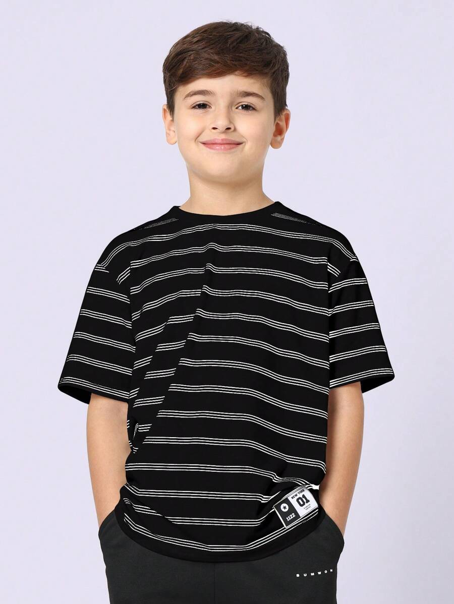 SUMWON 青年休闲条纹 T 恤圆领经典宽松夏季短袖基本款街头服饰日常上衣青少年休闲装 - 黑色 - 查看 1