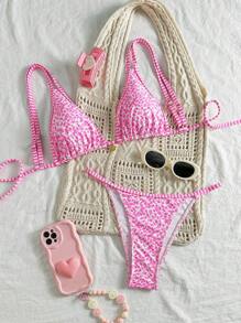 SHEIN Swim Springbreak 女士碎花可调节肩带三角形上衣和下装比基尼套装、沙滩装、度假装、可爱泳衣 - 粉色 - 查看 1