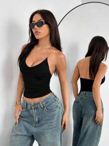 StreetHx 女式黑色金属链装饰 V 领露背吊带背心上衣，简约休闲日常百搭简约设计，春夏 - 黑色 - 查看 6