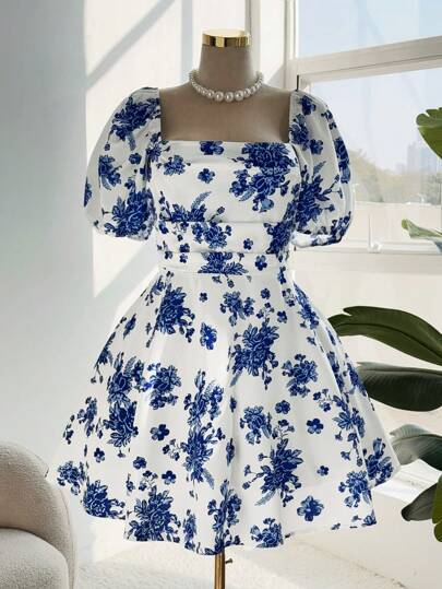 Ceyna Vestido evasé con cuello cuadrado y estampado floral, de estilo elegante para vacaciones, para primavera/verano, tallas grandes