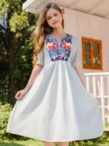 Mädchen Boho Blumen V-Ausschnitt besticktes Urlaubskleid, geeignet für Outdoor, Strand, Alltagstragen - Weiss - Übersicht 6