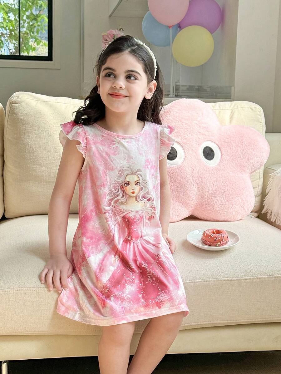SHEIN Leap Crew Śnieżynka Księżniczka Nadruk Dziewczęca Koszula Nocna Wygodna i Słodka Stylowa Bez Rękawów Księżniczka Piżama Dla Dziewczynek, Przytulna Odzież Wypoczynkowa Dla Dziewczynek - Różowy - Zobacz 1