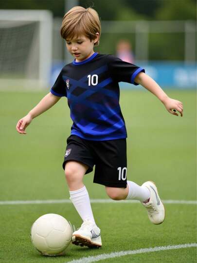 Young Boy Summer Fitness Running Outdoor Sports Casual Football Training 2pcs Short Sleeve And Shorts Set