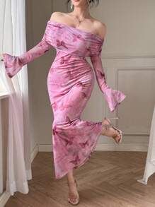 DAZY Women's Mid-Length Off Shoulder Floral Print Mermaid Dress,Fall Dress - Pink - View 6