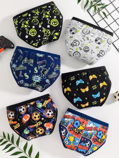 6 chiếc/gói Tween Boy Máy chơi game sống động & in hình mặt cười Quần lót cotton mềm mại thoáng khí thoải mái
