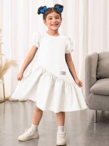 Young Girls' Loose Cute Cap Sleeves Round Neck Asymmetrical Ruffle Hem A-Line Dress - White - View 3