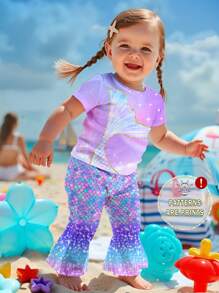 SHEIN Leap Crew Conjunto de 2 piezas de niña bebé con estampado de cola de sirena degradado en estilo de resort, con Top de manga corta y cuello redondo y pantalones largos, adecuado para primavera/verano - Multicolor - Ver 5