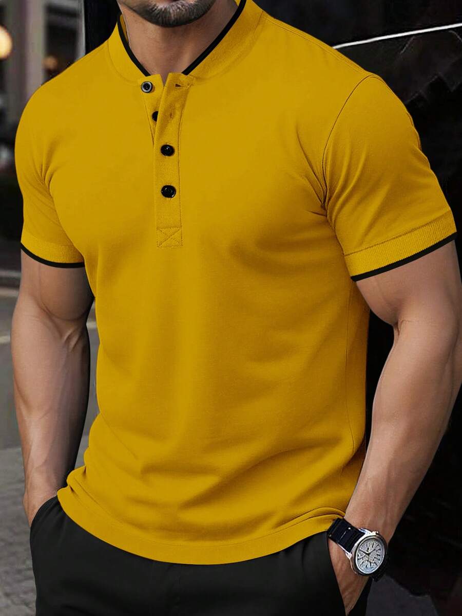 Manfinity Homme 男士休闲简约撞色镶边短袖 Polo 衫 - 黃色 - 查看 1