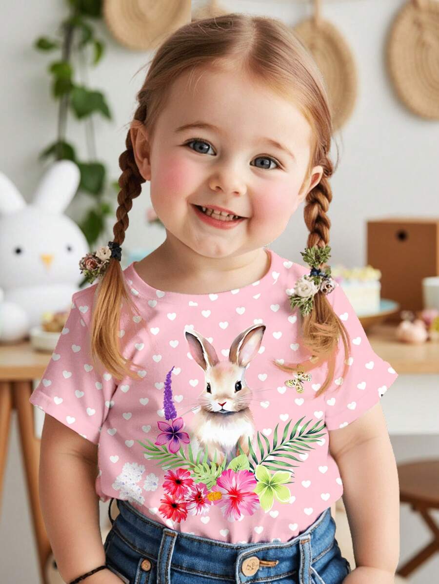 SHEIN Pressed Flowers Tee, Rabbit Boho Wildflowers, Rabbit Plant Tee, Vintage Botanical Tee, Rabbit Pastel Floral Nature Tee, Baby Girl Casual Minimalist Short Sleeve Round Neck Top, Suitable For Summer