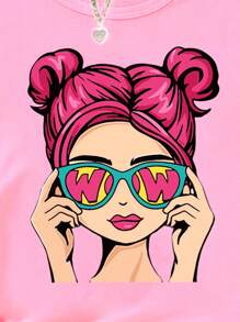 Tween Girls Casual Fashion Double Buns Hairband With Sunglasses & Girl Pattern T-Shirt With Leggings Set - Multicolor - View 3