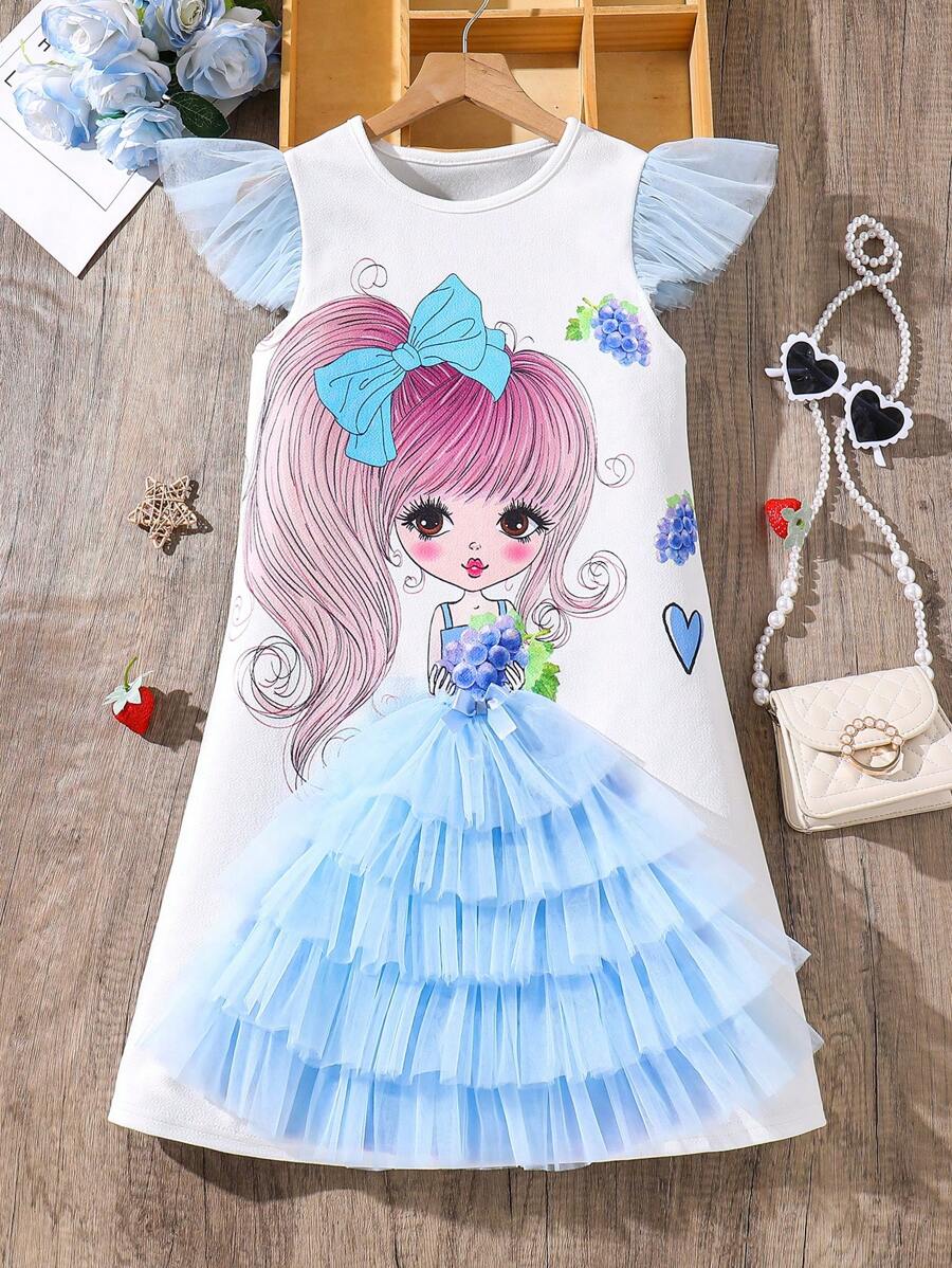 Holiday,Summer,TravelTween Girls Cartoon Print Round Neck Mesh Cap Sleeve Cute Dress - Blue - View 1