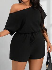 SHEIN PETITE CURVE 女款大尺碼夏季休閒傳統露肩短袖連身褲 正式外出穿著 黑色 - 黑色 - 查看 5