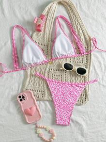 SHEIN Swim Springbreak 女士碎花可调节肩带三角形上衣和下装比基尼套装、沙滩装、度假装、可爱泳衣 - 粉色 - 查看 2