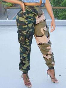 Maweii Regular Plus Size Women Loose Camouflage Color Block Asymmetrical Hem Drawstring Pants - Multicolor - View 1