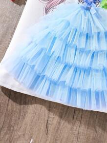 Holiday,Summer,TravelTween Girls Cartoon Print Round Neck Mesh Cap Sleeve Cute Dress - Blue - View 5