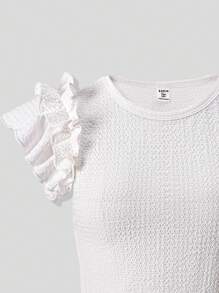 SHEIN Explorewe Teen Girl Ruffled Sleeve Textured Top And Pleated Mini Skirt Set, Suitable For Casual Holiday - White - View 7