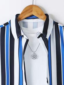 SHEIN 2pcs/Set Tween Boy Striped Short Sleeve Single-Breasted Shirt & Drawstring Waist Shorts, Casual Outfit - Blue - View 3